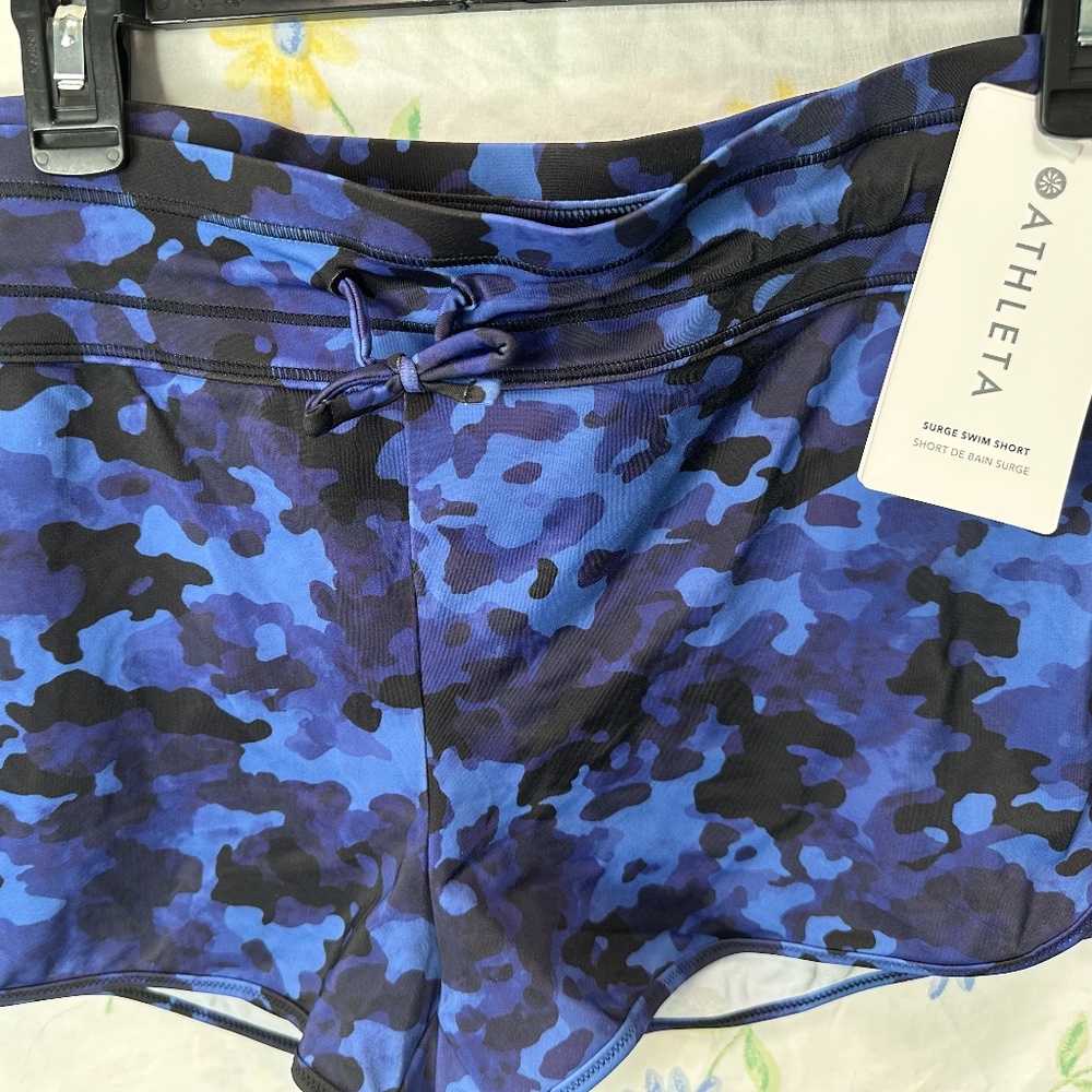 Athleta Surge Swim Shorts in a blue and black camouflage NWT XL